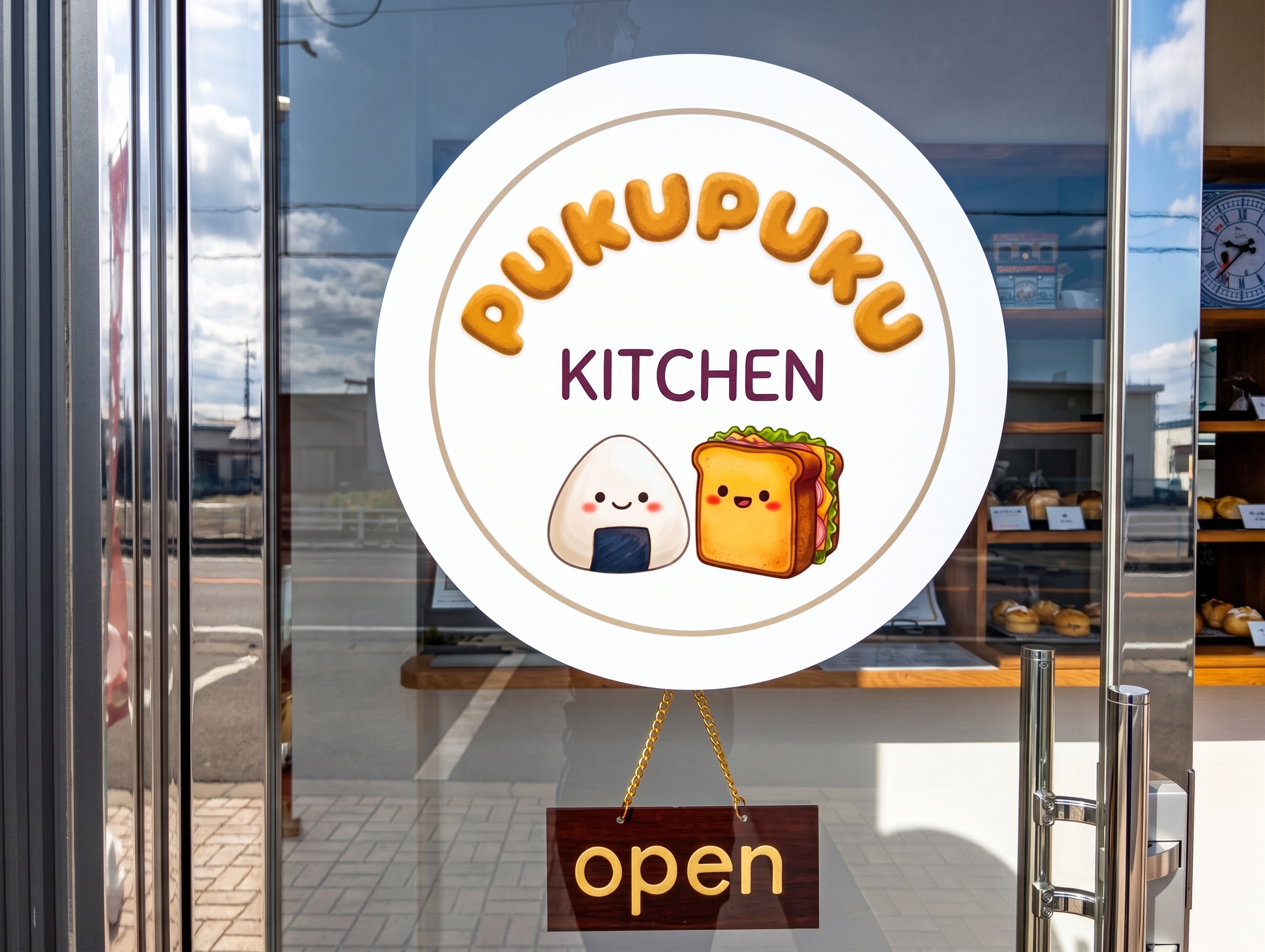 PUKUPUKU KITCHENのロゴ。おにぎりとサンドイッチのキャラクターがデザインされた丸いロゴ
